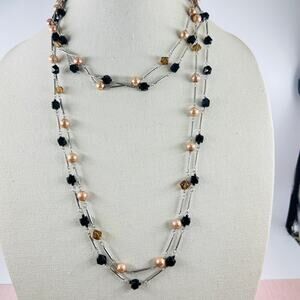 Talbots 2 Strand Opera Length Necklace Black Glass and Faux Pearl Beads